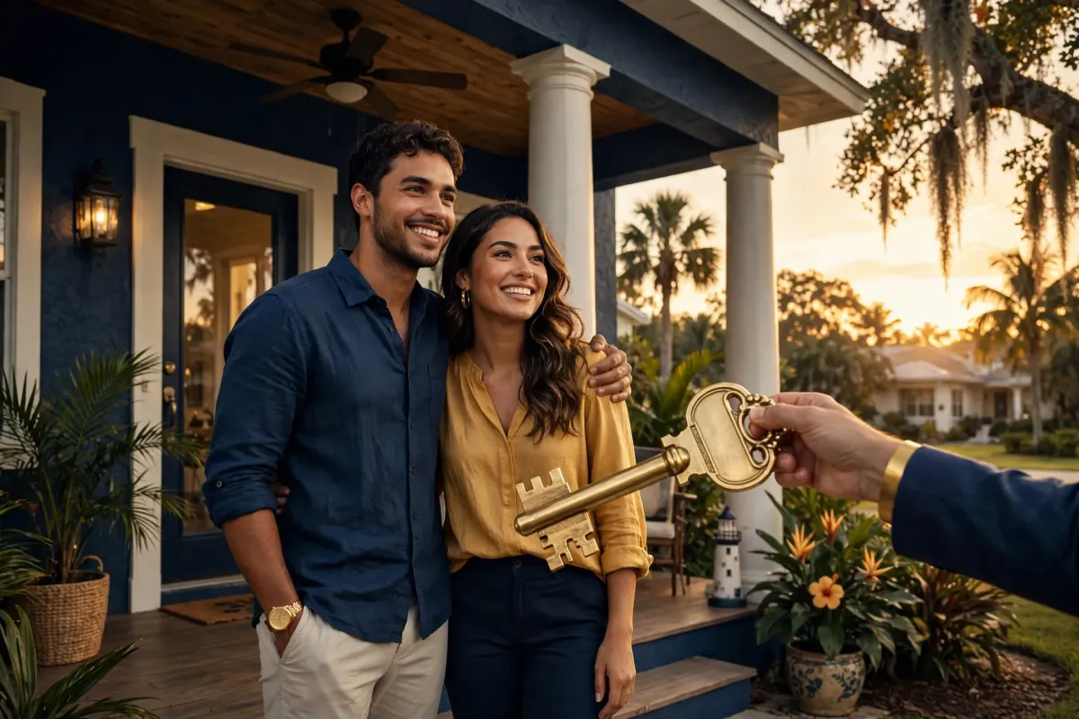 Young couple receiving an oversized brass house key on a Florida home porch at golden hour — Florida down payment assistance explained
