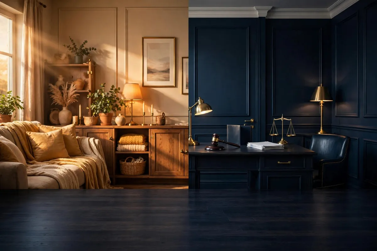 Split image of a warm family home and a lawyer's desk with gavel and divorce papers - VA loan and divorce rules