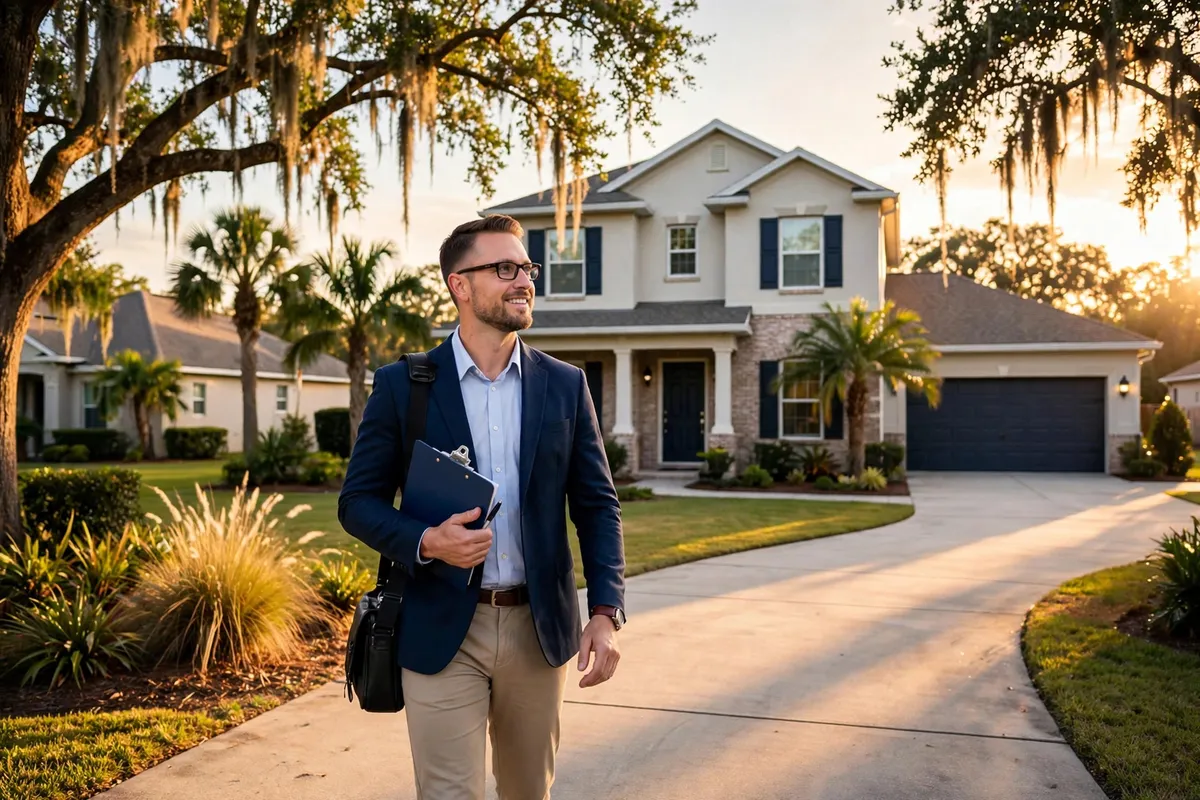VA home appraiser walking up to a suburban Jacksonville home at golden hour — what happens when a VA appraisal comes in below the contract price