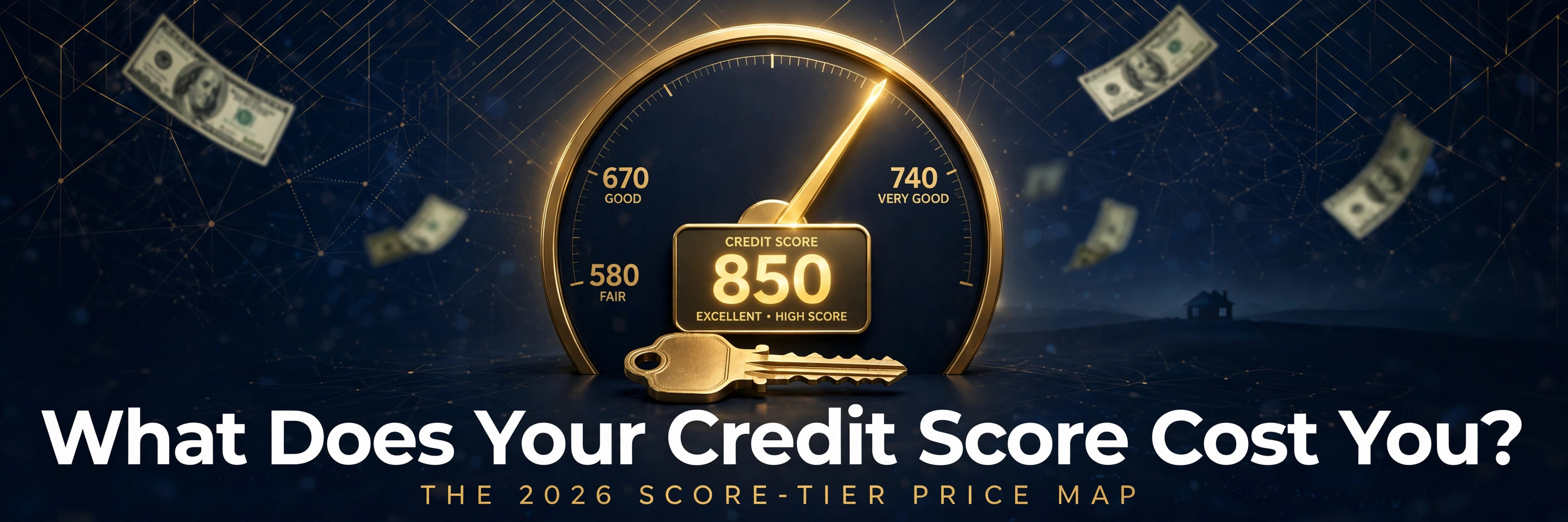 Gold credit score gauge showing 850 with a house key and floating dollar bills — what your credit score costs you on a mortgage