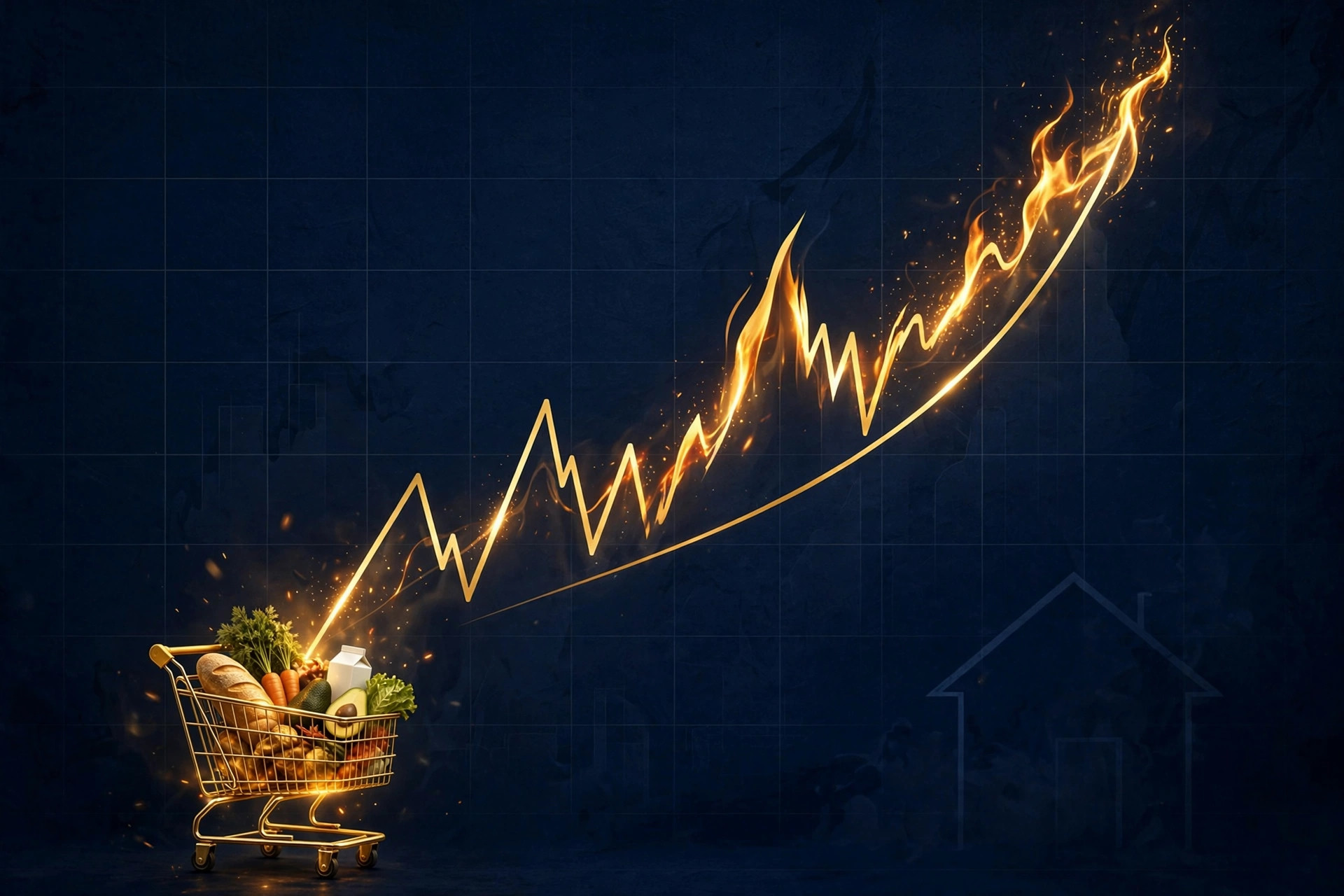 Illustration of CPI inflation basket items and rising rate chart affecting mortgage rates