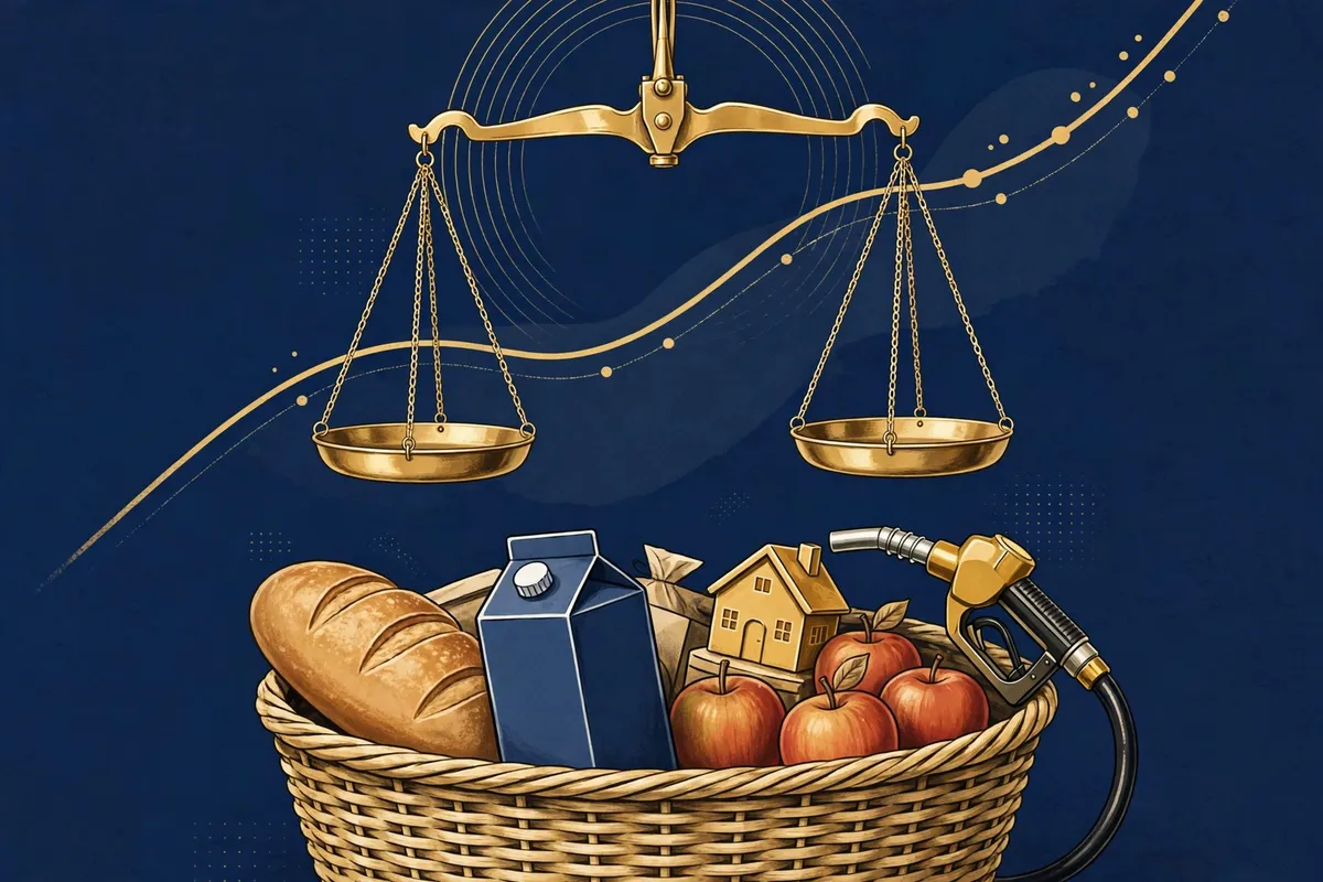 Market basket of everyday goods under a brass balance scale, with a rising trend line — what CPI measures