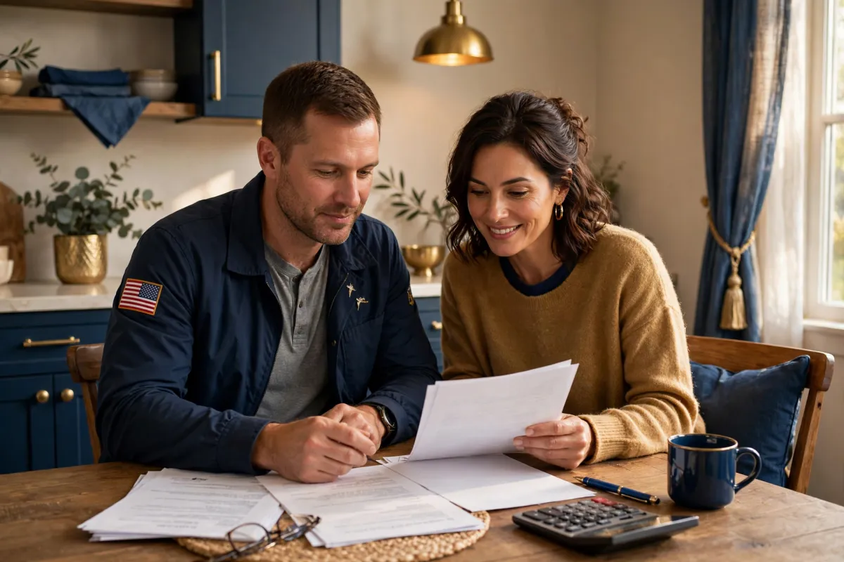 Veteran couple reviewing VA home loan closing documents at a table