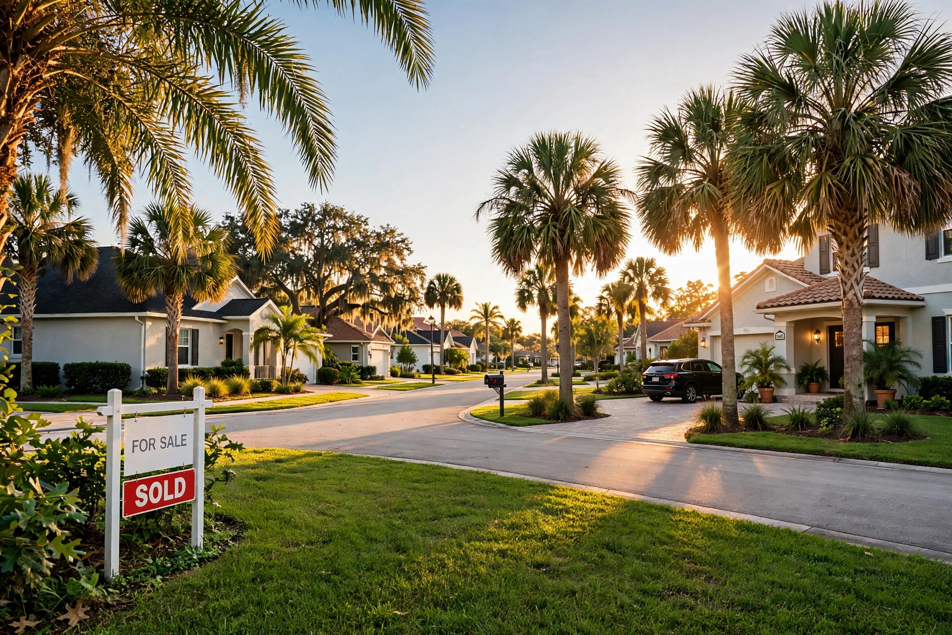 Jacksonville Florida suburban street at golden hour with a sold home — FHA loan limits 2026