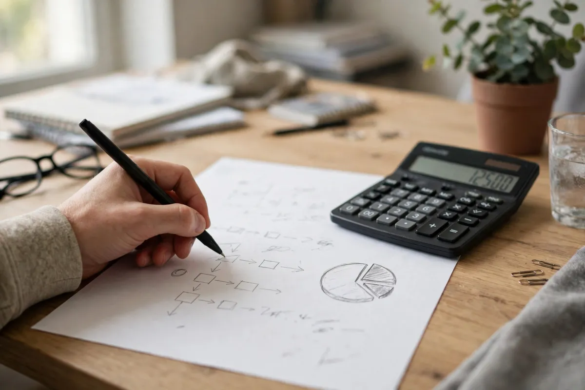 Hand writing a break-even calculation with a calculator on a home office desk