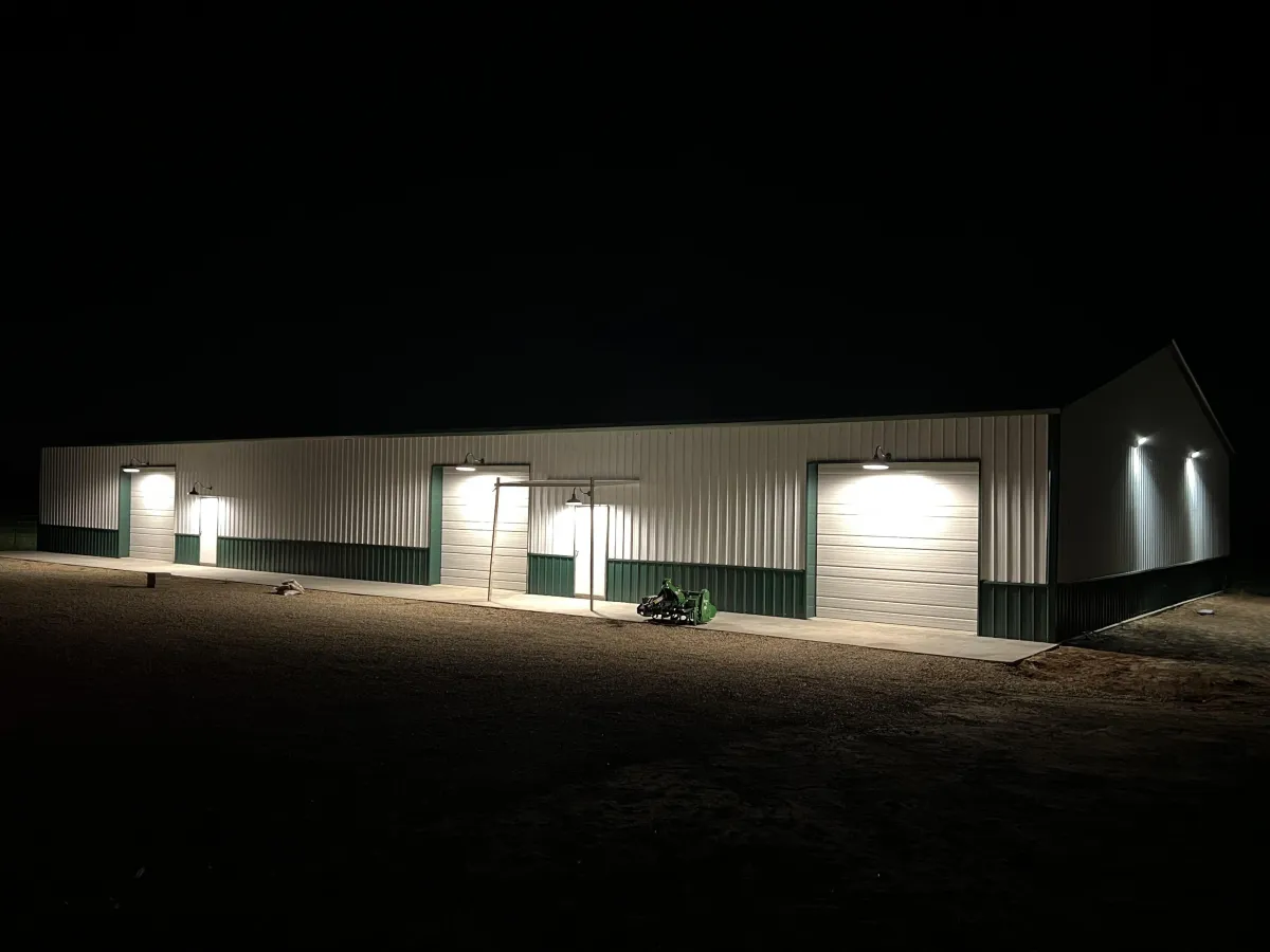 Warehouse for sale 2886 Plainview Rd Sherman TX. Night time with custom lighting package on