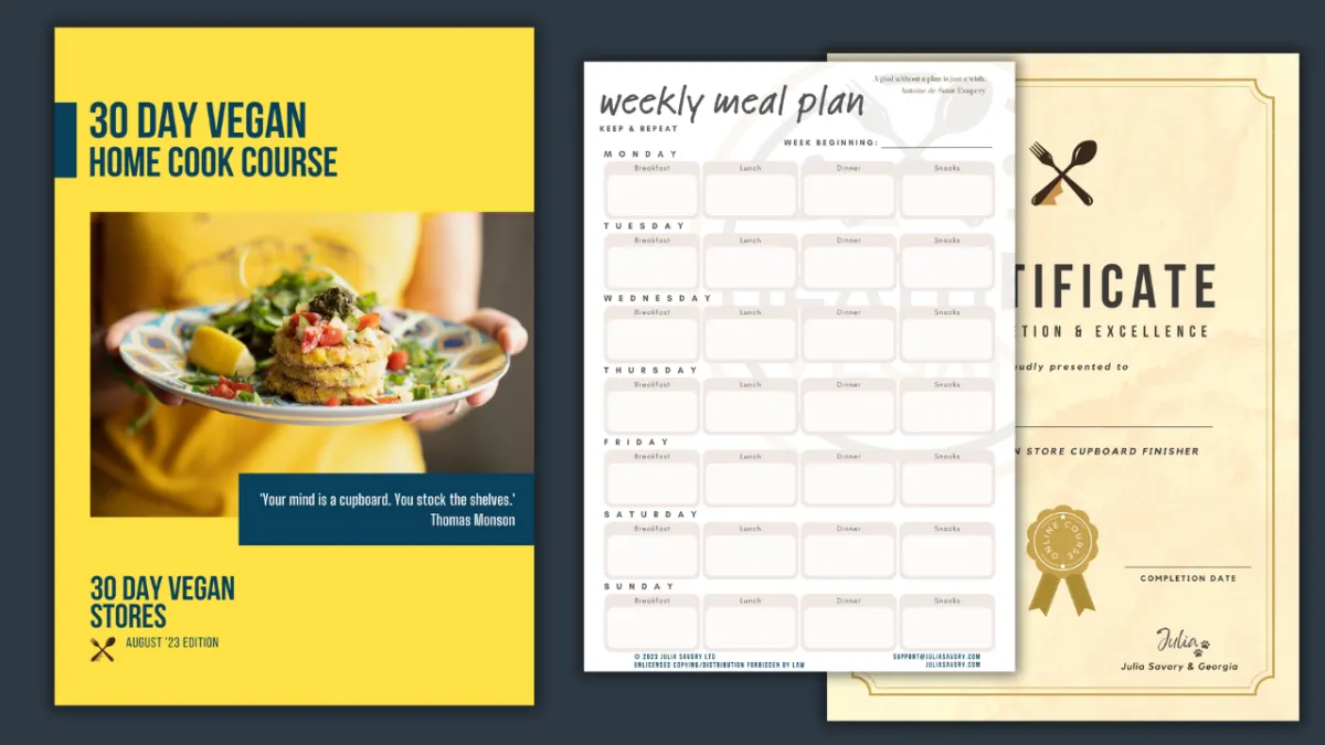Student workbook for a module called 30 Day Vegan Stores; this is a theory module taught in 30 Day Vegan Home Cook Course designed to teach students how to stock their store cupboard, fridge and freezer and how to do food planning