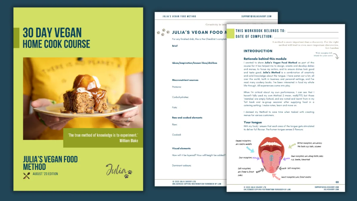 Student workbook for Julia Savory's professional recipe development method; a method taught in 30 Day Vegan Home Cook Course