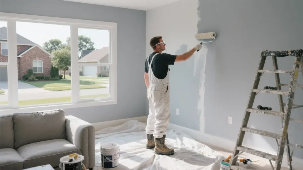 Painter in Cypress TX applying wall paint in modern living room.