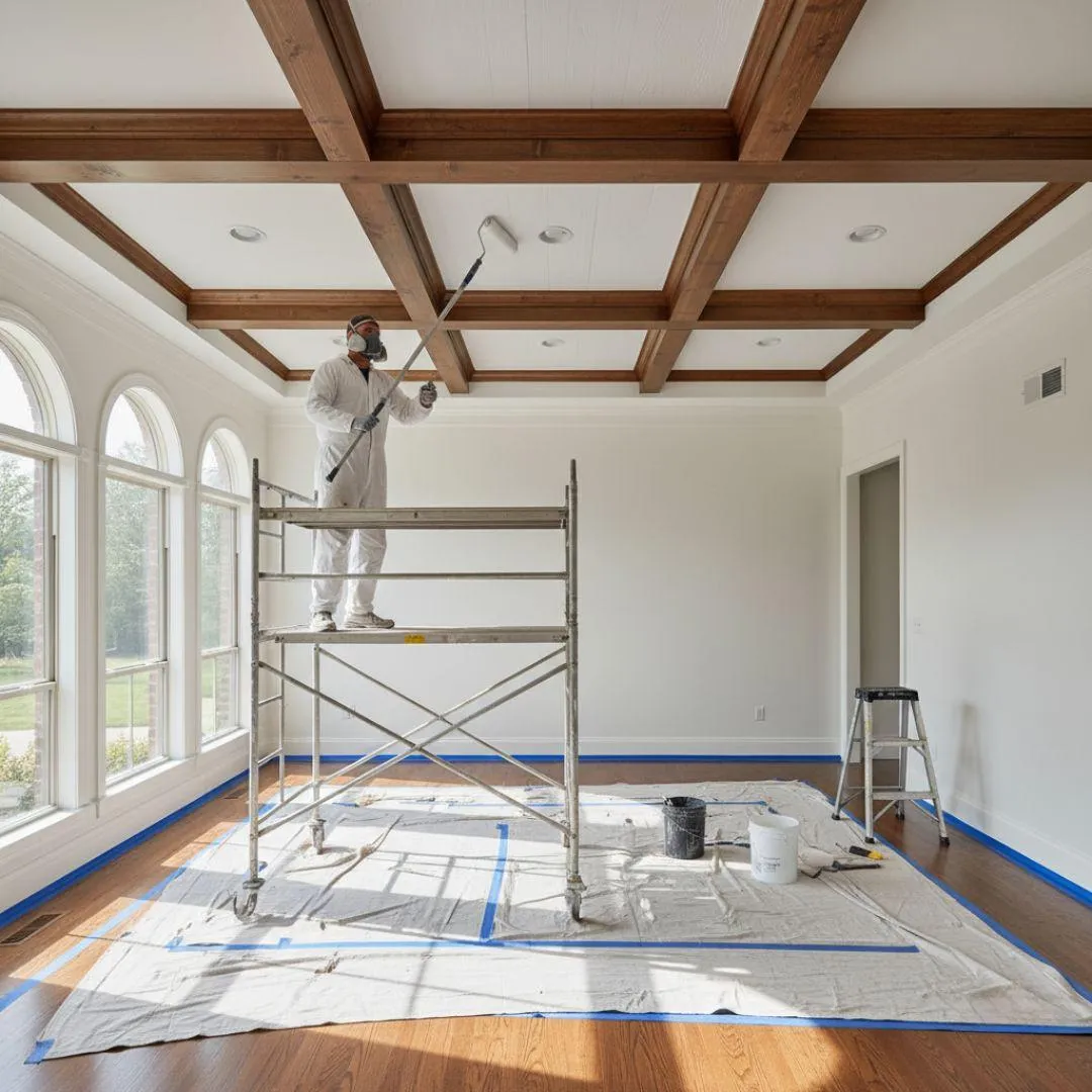 Painter in Cypress TX applying white paint to living room ceiling.
