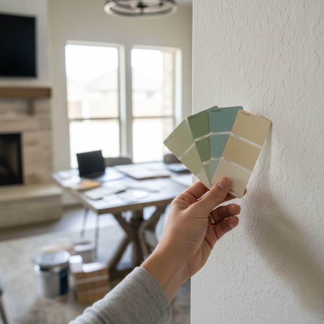 Hand comparing interior paint color swatches on a wall during Cypress Texas color consultation