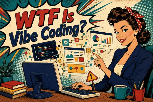 Retro GoGoBetty illustration explaining vibe coding for small business owners