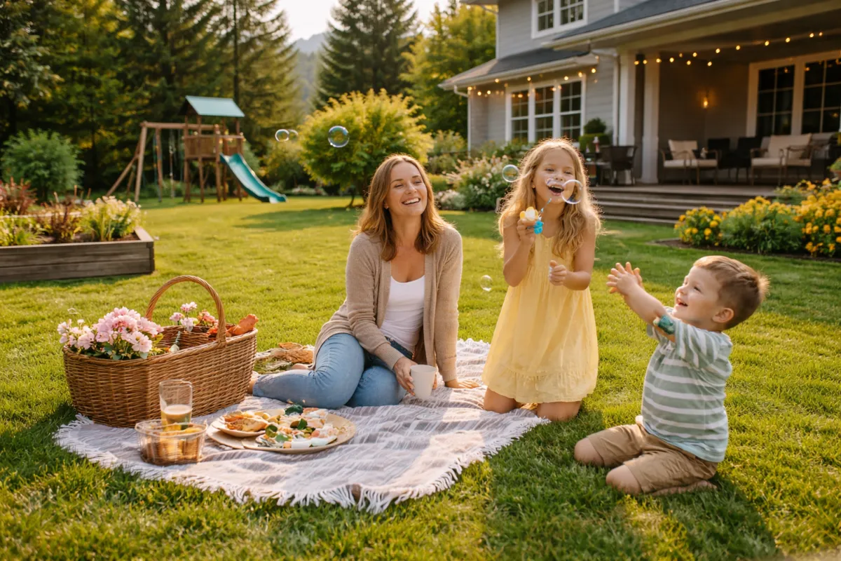 Mission family playing their backyard