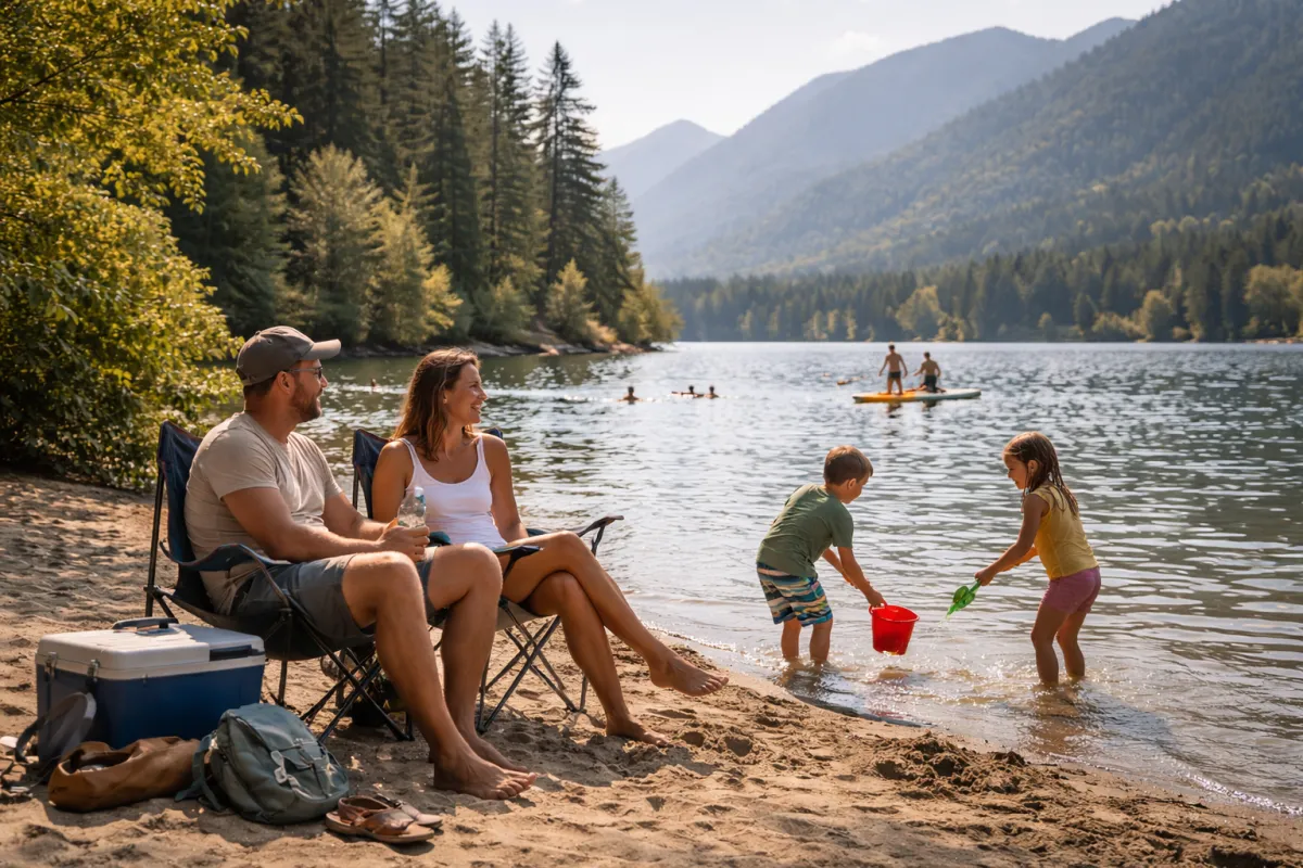 Mission family playing at a beach