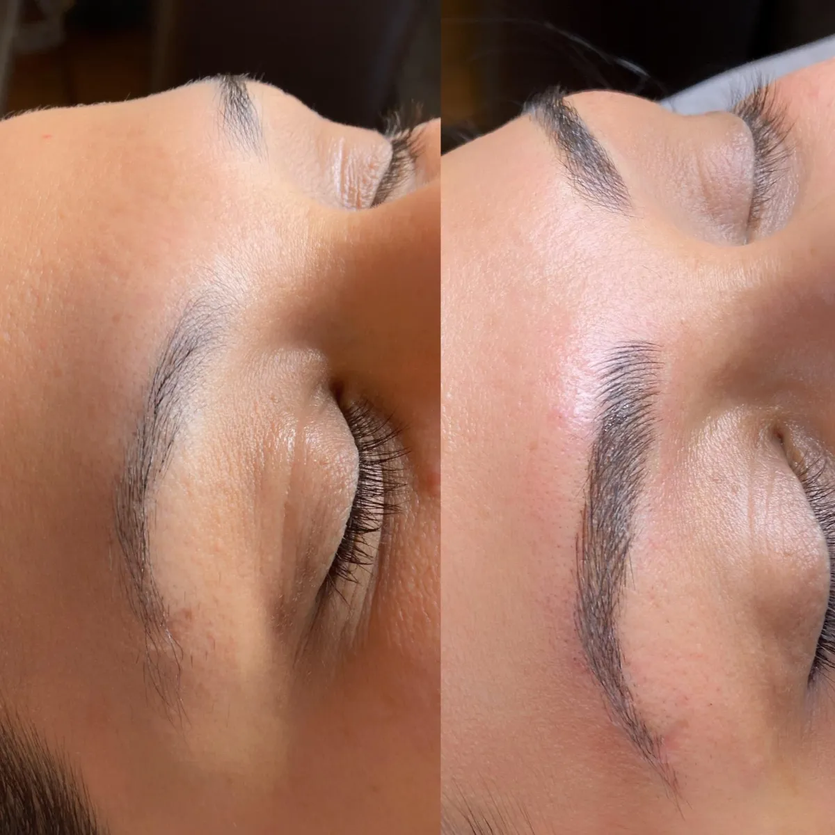 Before and after microbladed eyebrows . From sparse to full brow look.