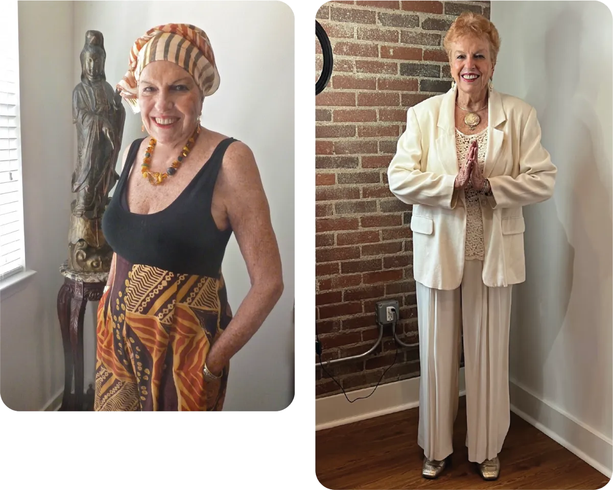 Double portrait of Sondra Ray smiling, one image during a vibrant Breathwork session and another in a serene, reflective moment, showcasing her joyful and transformative journey in spiritual healing.