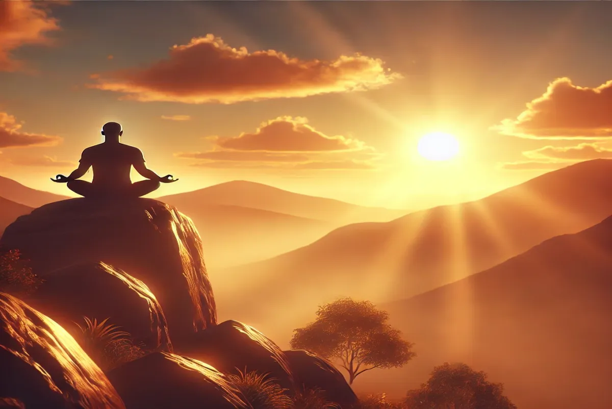 A person meditating on a hilltop during sunrise, symbolizing emotional freedom and clarity.