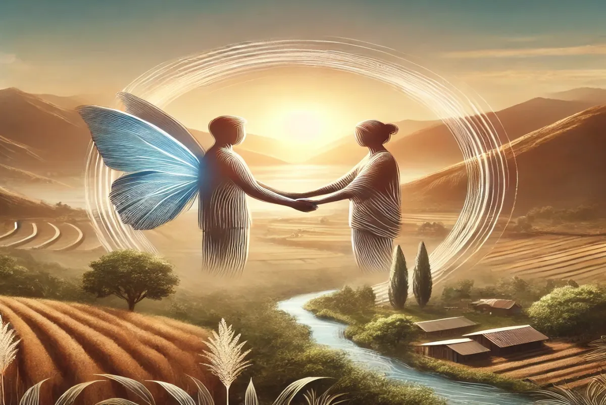 Two people embracing or shaking hands in a peaceful environment, symbolizing authentic relationships and harmony.