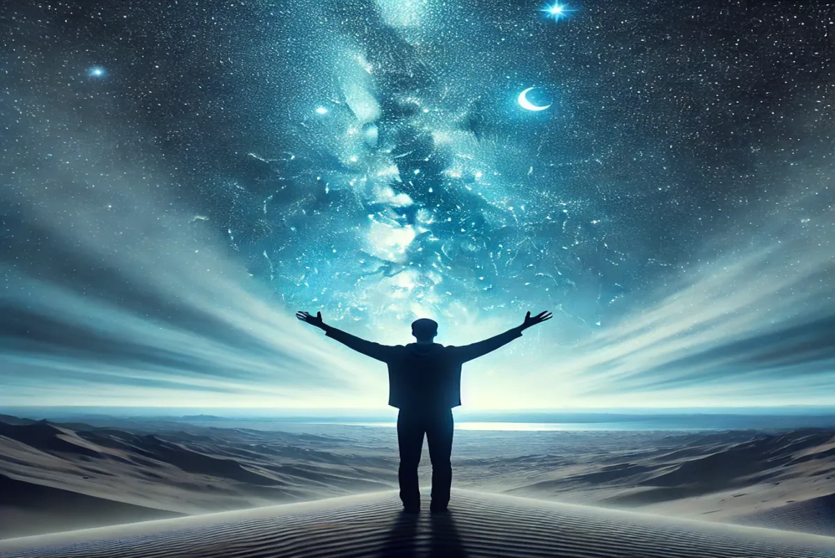 A person standing under a starry sky with arms outstretched, symbolizing spiritual alignment and purpose.