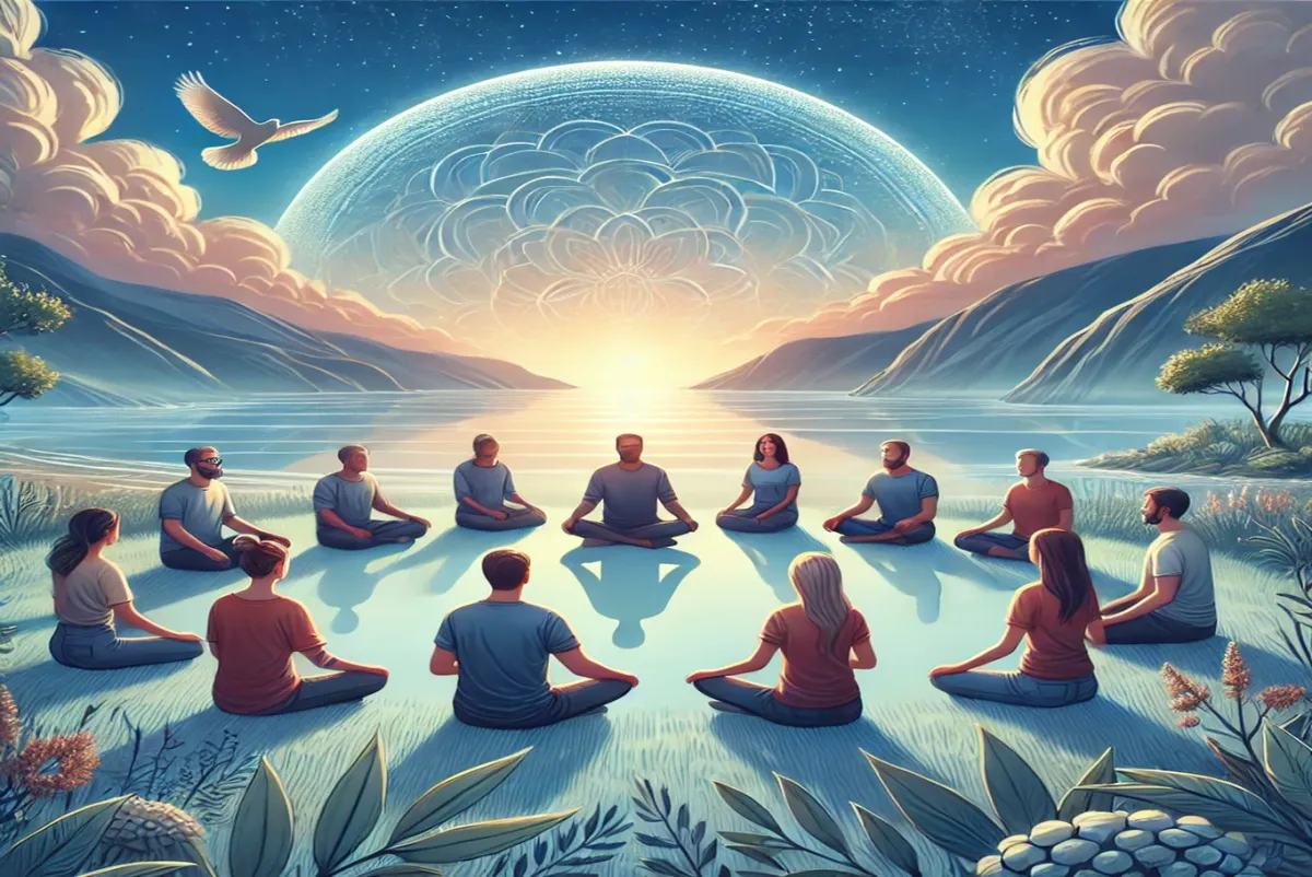 A group of people practicing breathwork outdoors in a circle, with serene nature in the background.