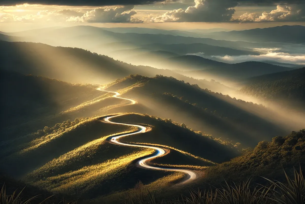 A winding mountain path bathed in soft light, symbolizing personal growth and lasting transformation