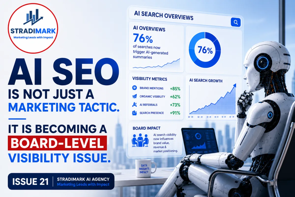Stradimark AI SEO cover featuring a seated AI robot analysing search analytics dashboards, highlighting board-level visibility, Google AI Overviews, and AI-powered SEO strategy for UK businesses in 2026.