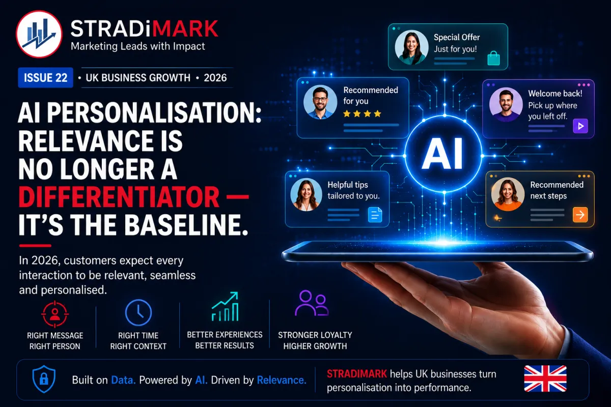 AI personalisation infographic showing how relevant, data-driven marketing improves customer engagement, loyalty, and business growth