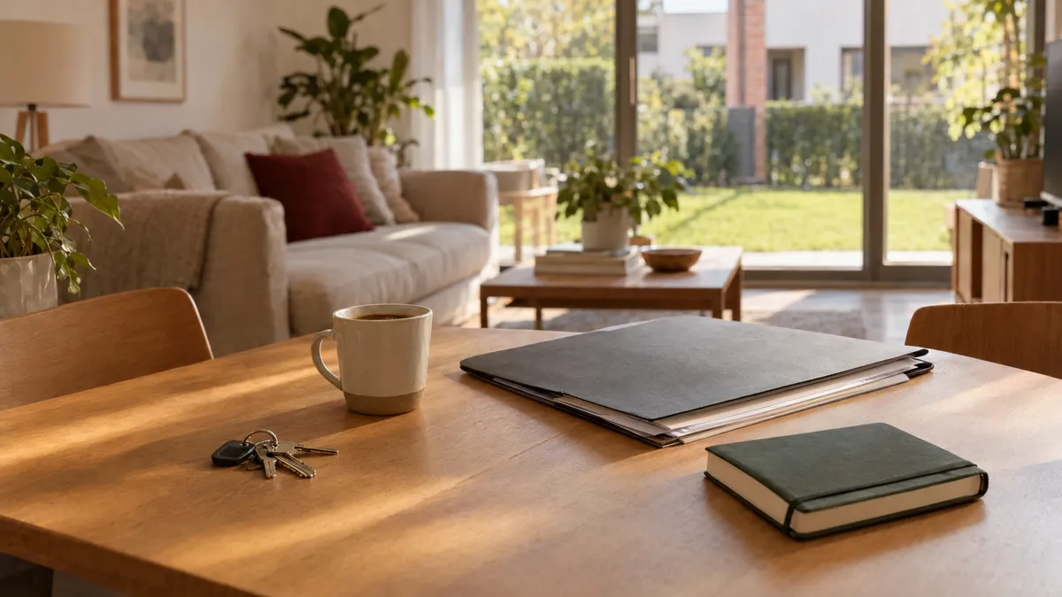 Llaves y documentos sobre una mesa para vender tu casa en un salón luminoso