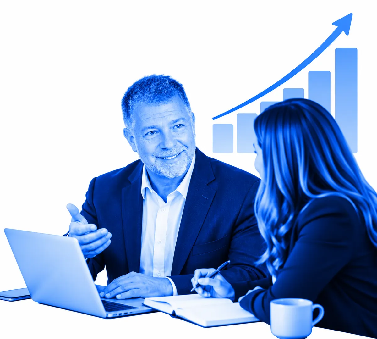 A professional business coach meets with a client to discuss strategy, goals, and opportunities for growth, represented by an upward-trending graph in the background.