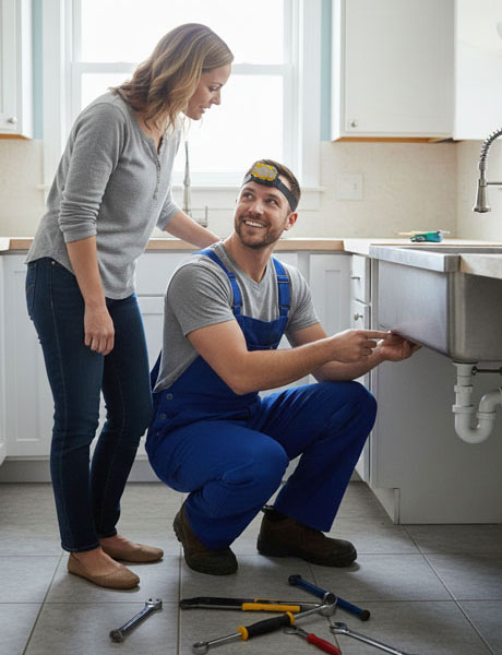 Plumber with customer n the kitchen