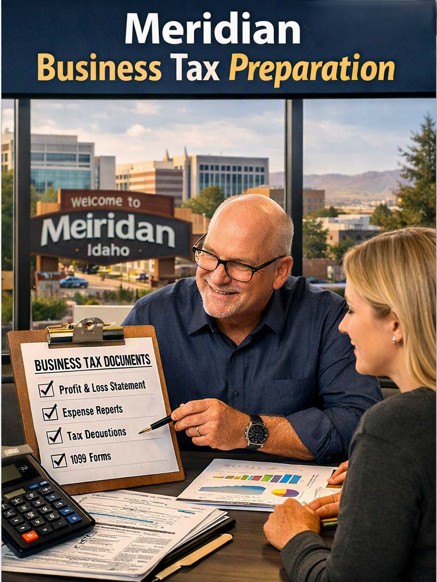 Meridian Idaho business tax preparation session with Welcome to Meridian sign, team organizing profit and loss statements, expense reports, deductions, and 1099 forms.