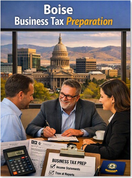 Boise business tax preparation meeting with Idaho State Capitol view, professionals reviewing income statements and tax reports for local companies
