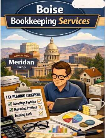 Meridian Idaho business tax preparation session with Welcome to Meridian sign, team organizing profit and loss statements, expense reports, deductions, and 1099 forms.