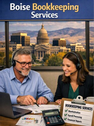 Boise business tax preparation meeting with Idaho State Capitol view, professionals reviewing income statements and tax reports for local companies