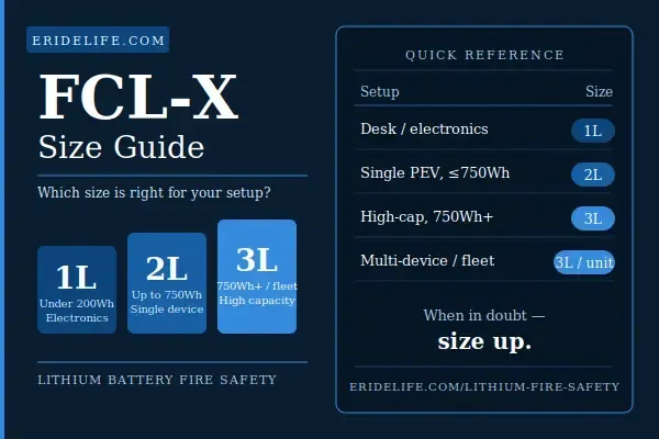 Shows sizing guide for FCL-X lithium fire extinguisher