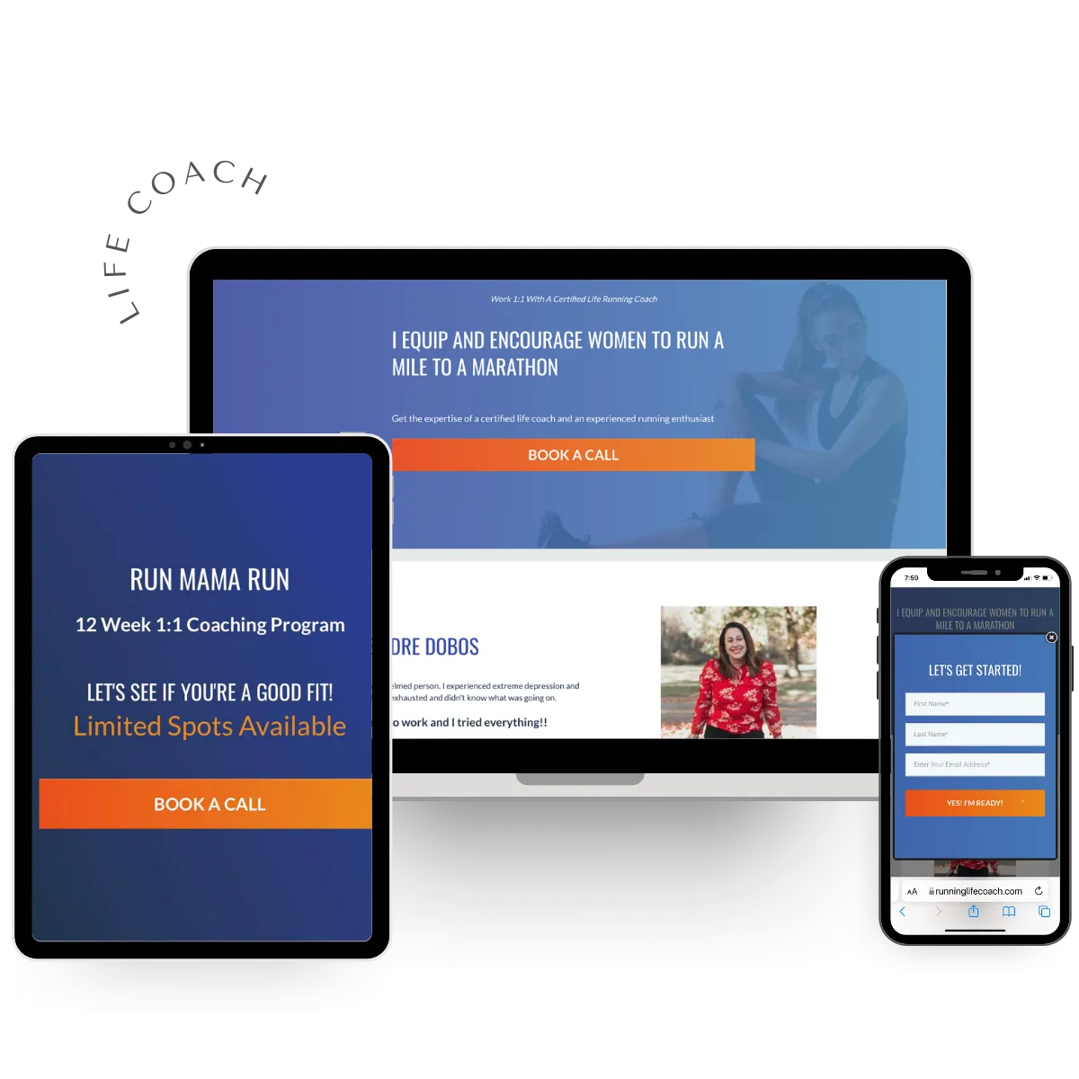 Life coach website images on desktop, tablet and mobile device