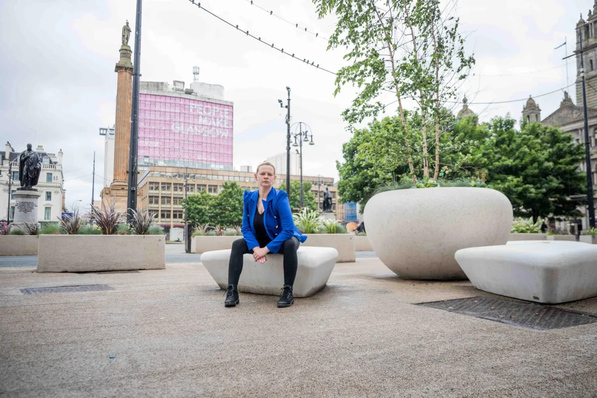 George Square, Glasgow. Editorial portrait of female founder and entrepreneur.