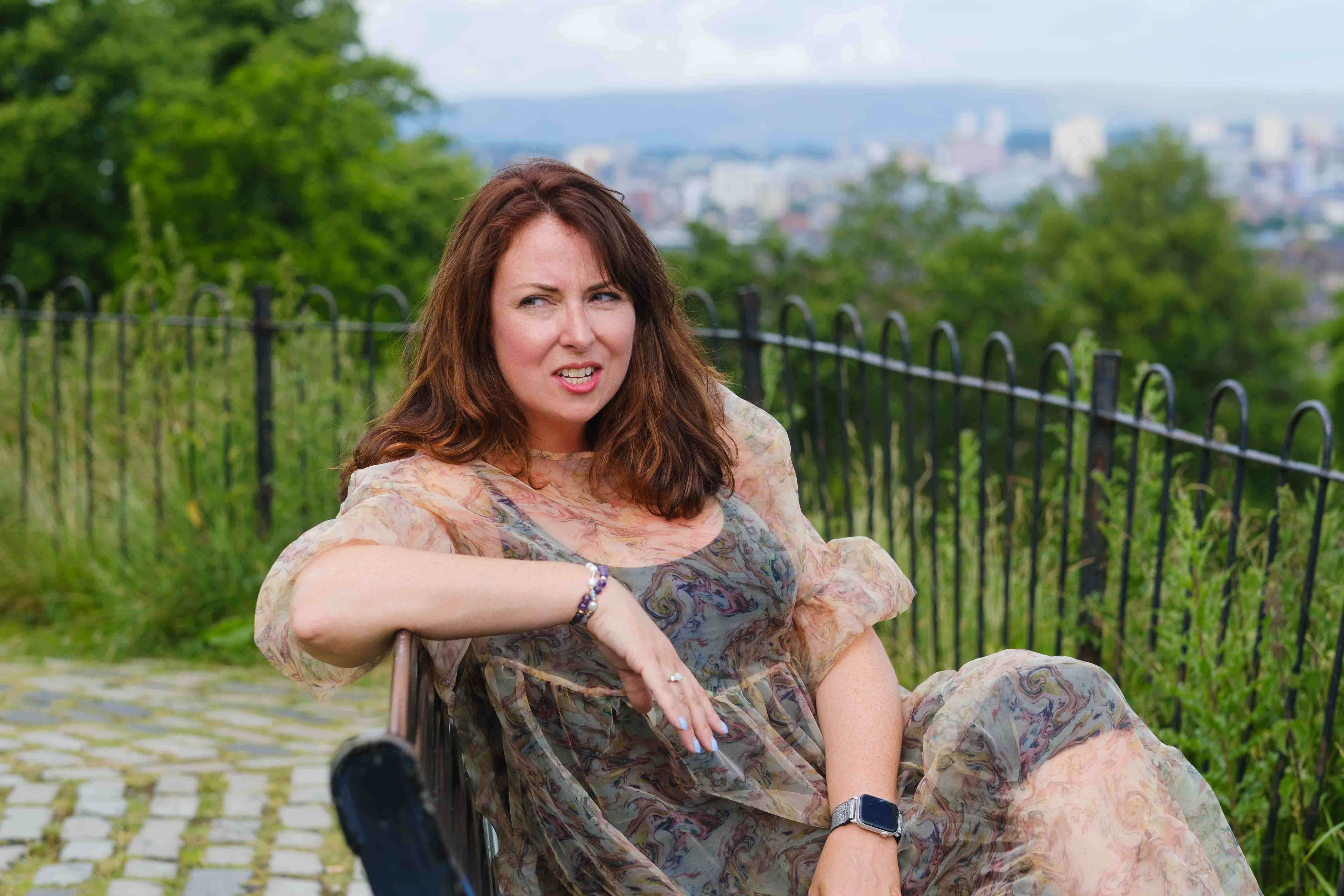 Outdoor portrait of a female writer, Claire Duffy, photographed in a Glasgow park for editorial and author branding imagery by Victoria Rose Photography