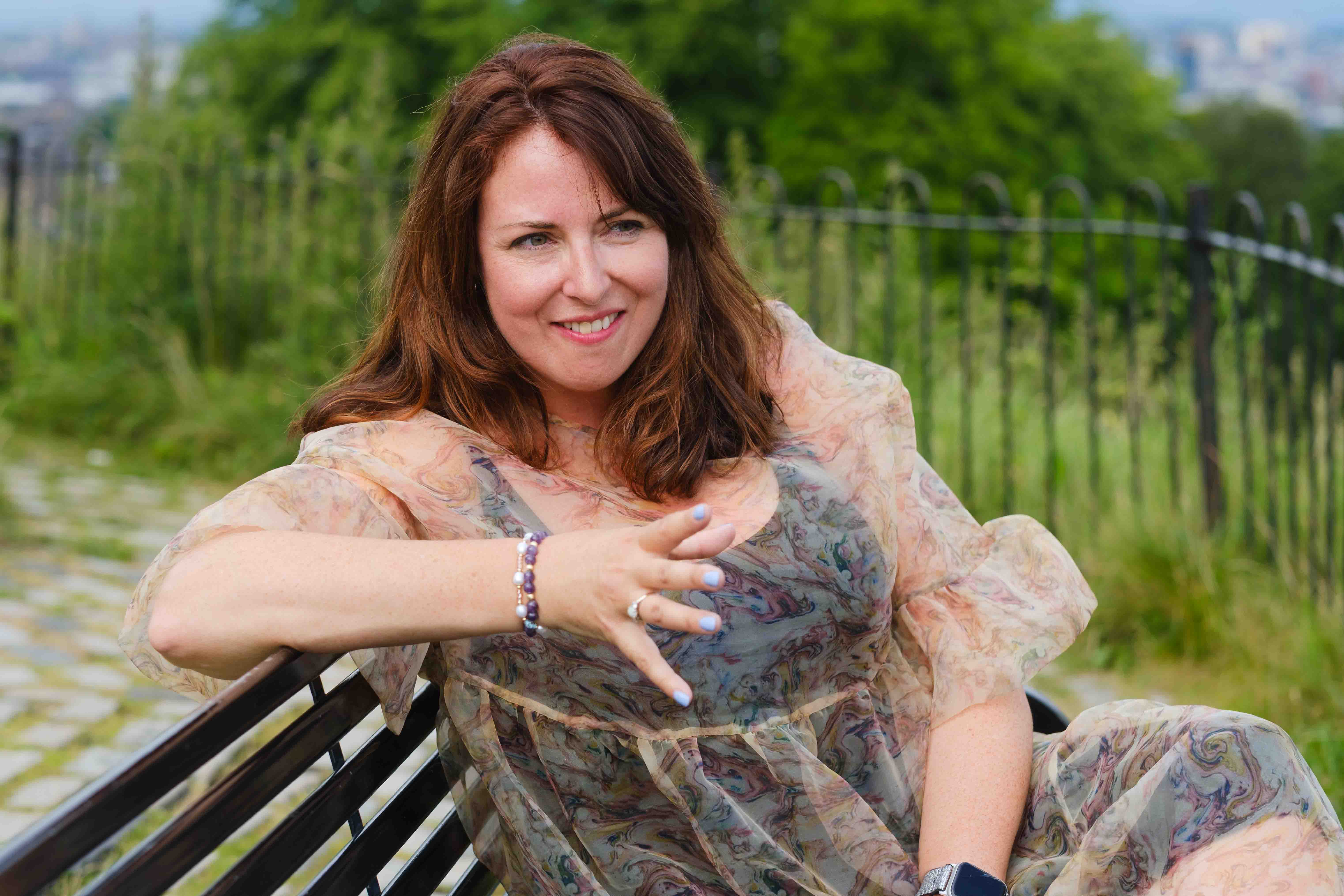 Outdoor portrait of a female writer, Claire Duffy, photographed in a Glasgow park for editorial and author branding imagery by Victoria Rose Photography