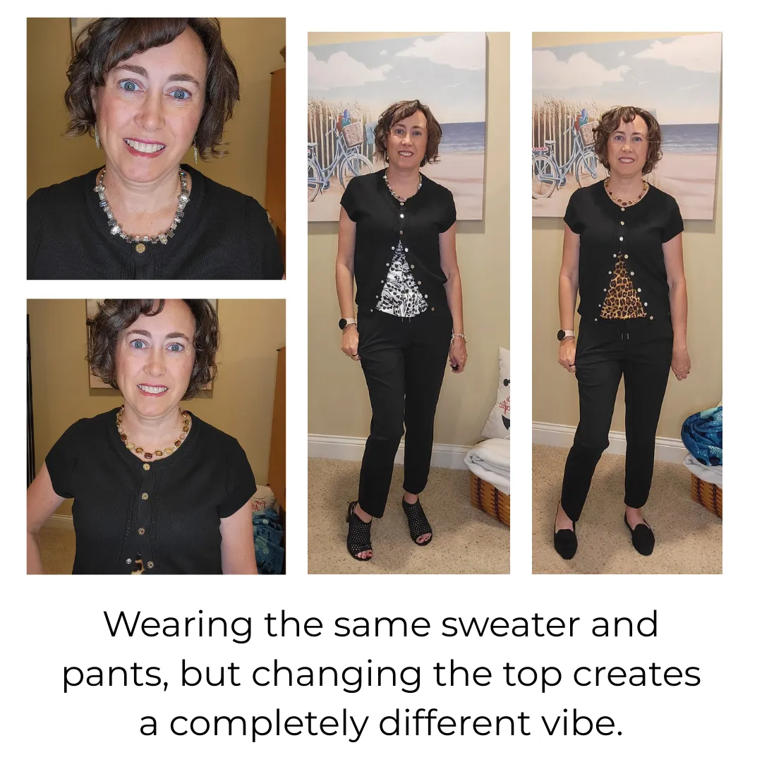 Jenn Whitacre, personal stylist and founder of Styled by Jenn, demonstrating outfit versatility by wearing the same sweater and pants with different tops — showing how small changes can create completely new looks. Featured in the Gallery section.