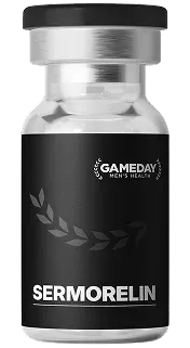 Sermorelin 15MG vial for men's health and vitality, featuring a black label with 'Sermorelin' text and the 'Gameday Men's Health' logo.