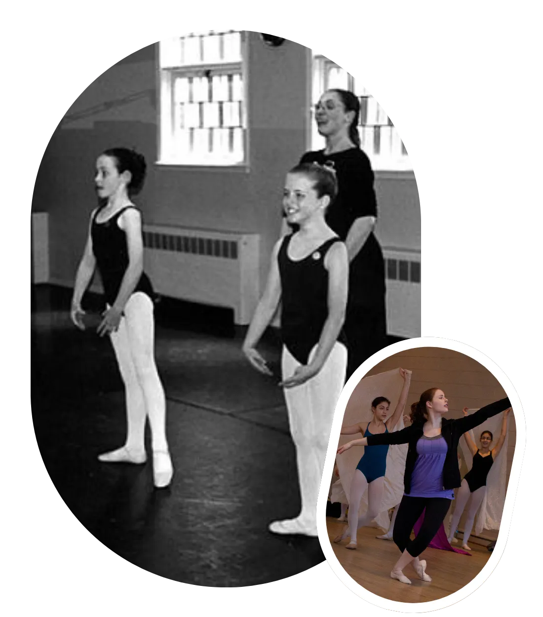 Jane Davis-Munro leading a preschool dance class and black and white headshot of Lynda Johnson - co-founder of Pegasus Dance Studios