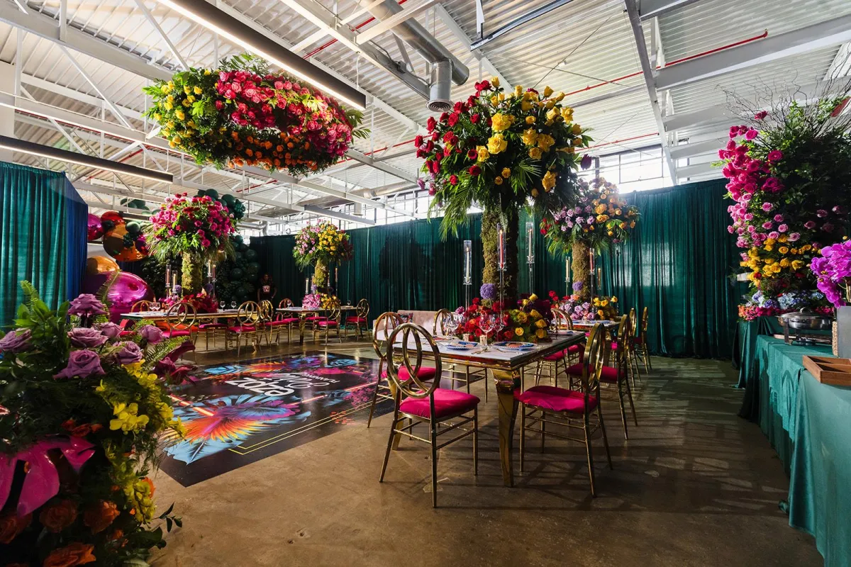 Elevated event installation by Ashley Gallon, suspended floral cloud and floral trees, Nacogdoches TX