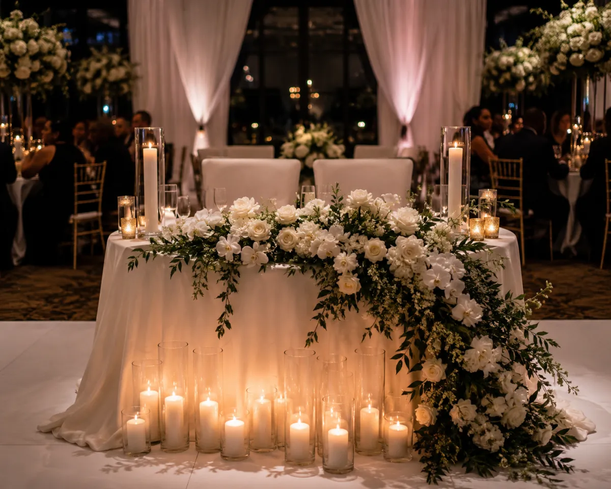 Elevated event installation - elegant sweetheart table with florals and candles by Ashley Gallon, Curated Experiences, Nacogdoches TX