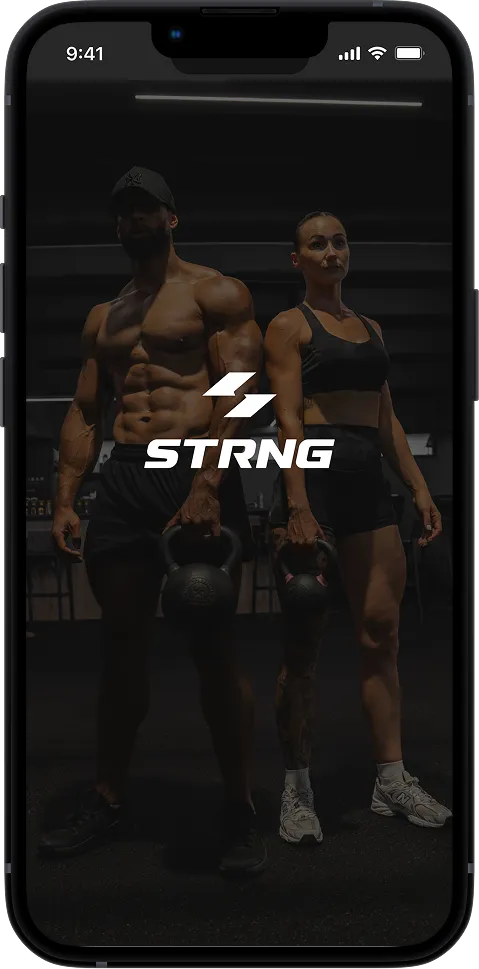 STRNG App high-resolution interface mockup on dark glass panel