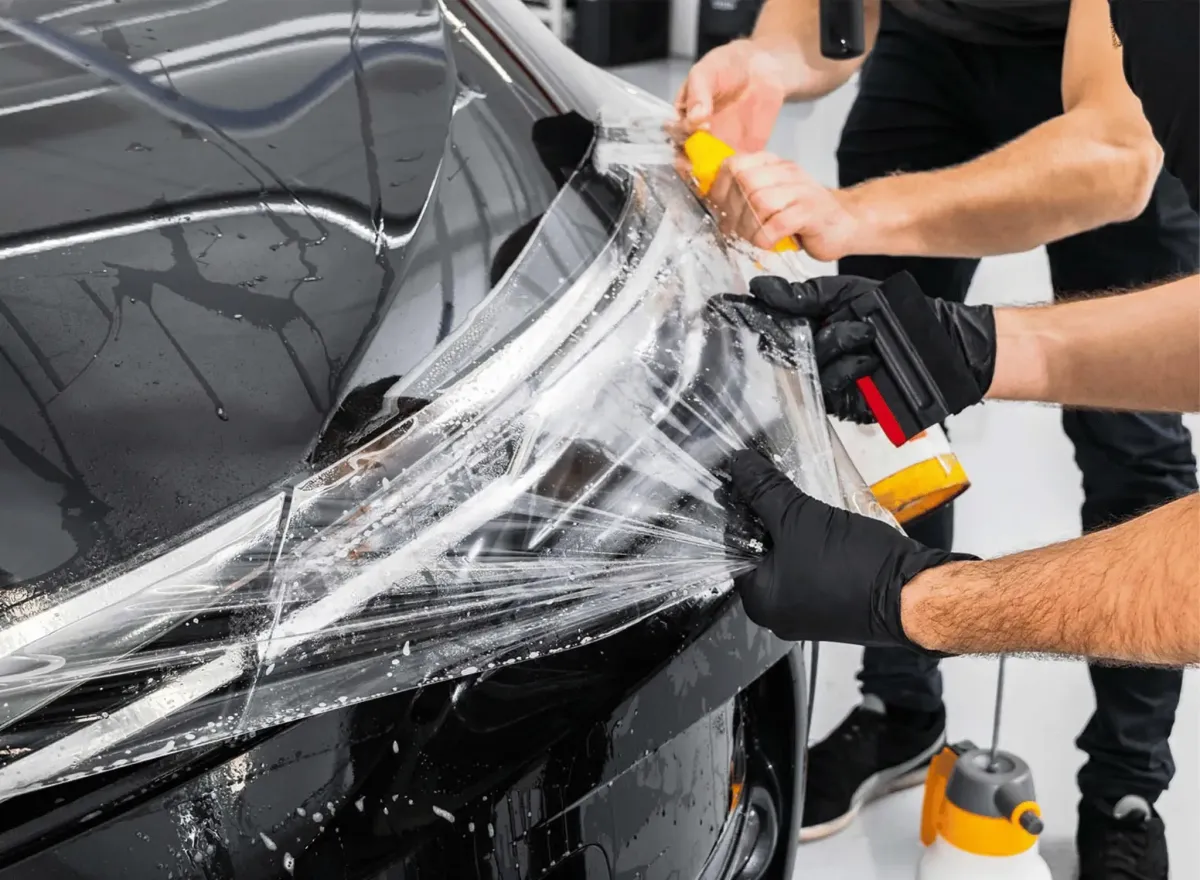 Close-up of professionals applying paint protection film to the hood of a black car in Roanoke.