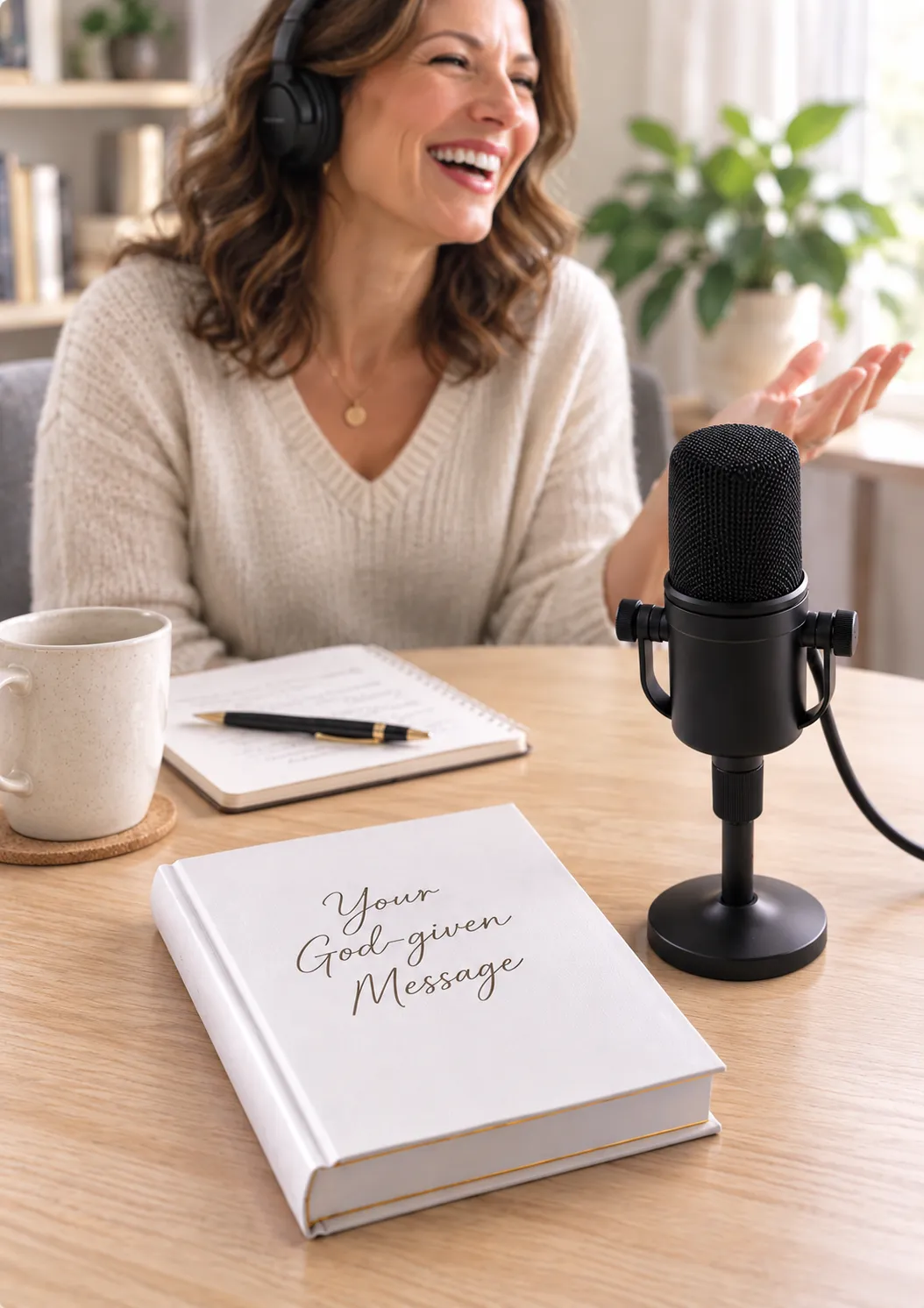 A professional editorial photo of a book next to a podcast microphone