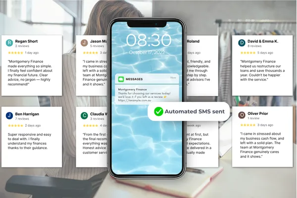 Google review SMS requests immediately following every completed job to boost 5 star Google reviews for small businesses.