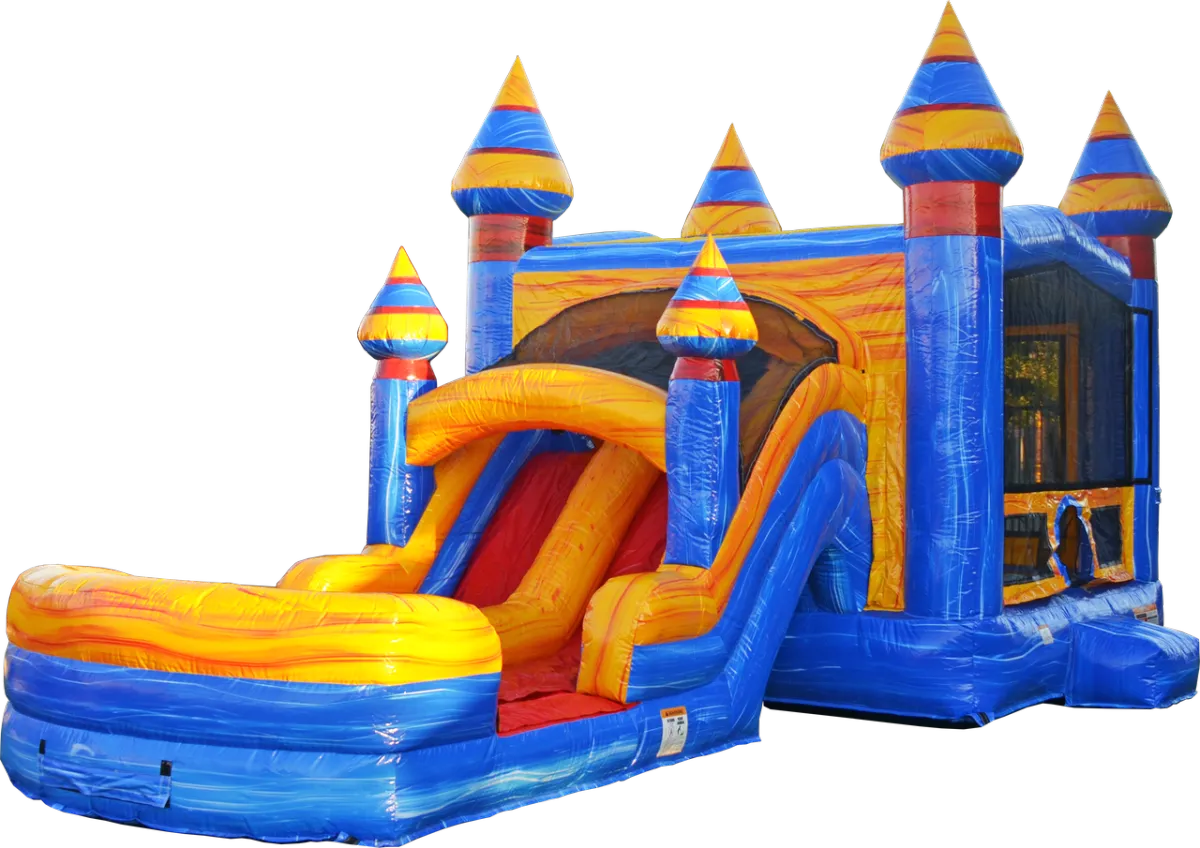 Bounce house setup in a backyard