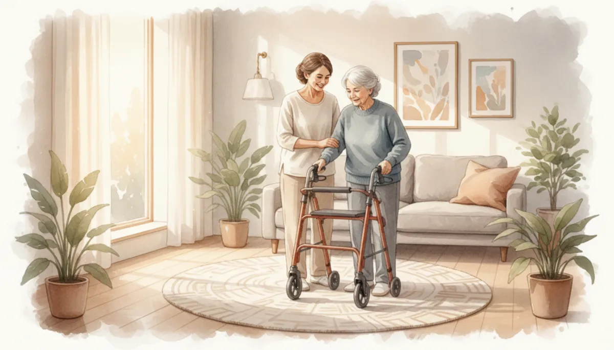 Caregiver helping elderly women walk home care and Medicaid
